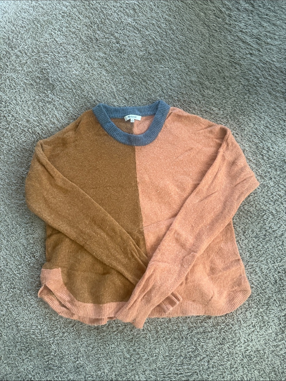 Madewell Two-Tone Crewneck Sweater in Rust, Tan and Blue Trim